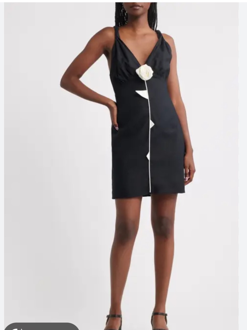 FARM Rio Black Linen Blend Mini Dress
 with White Rose Accent